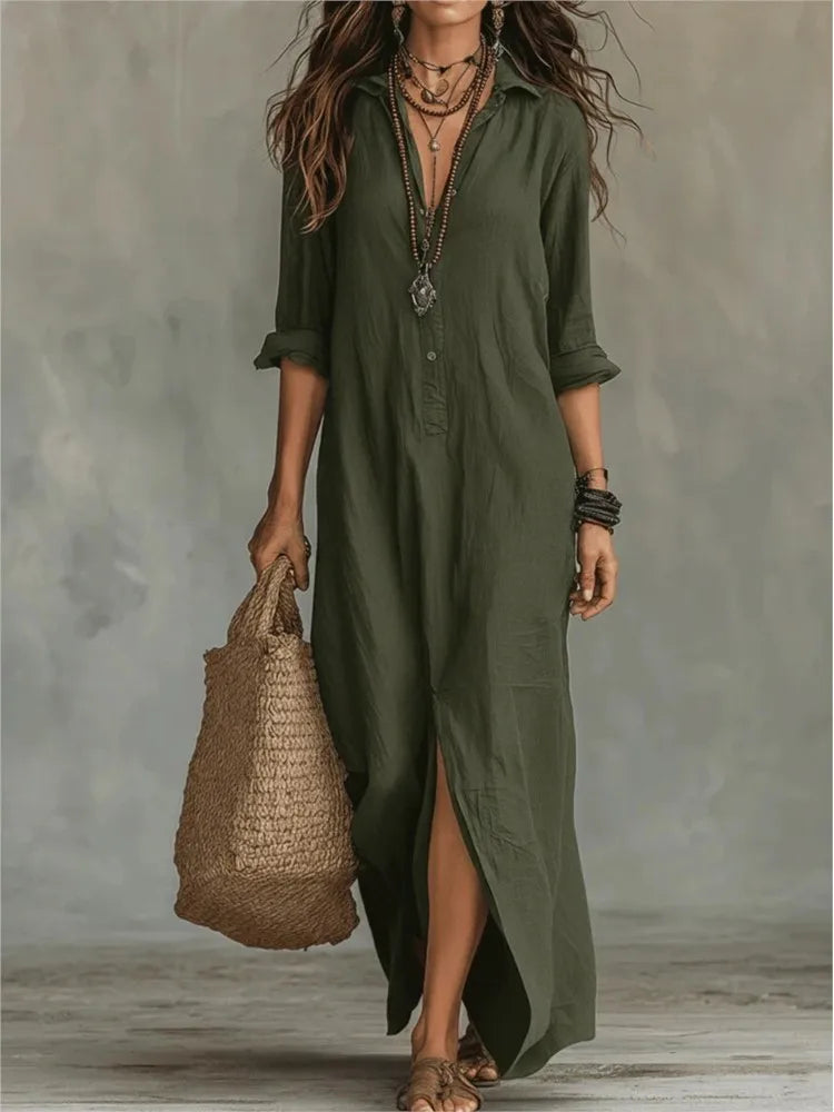 Agnes | Relaxed Linen Button Down Shirt Maxi Dress