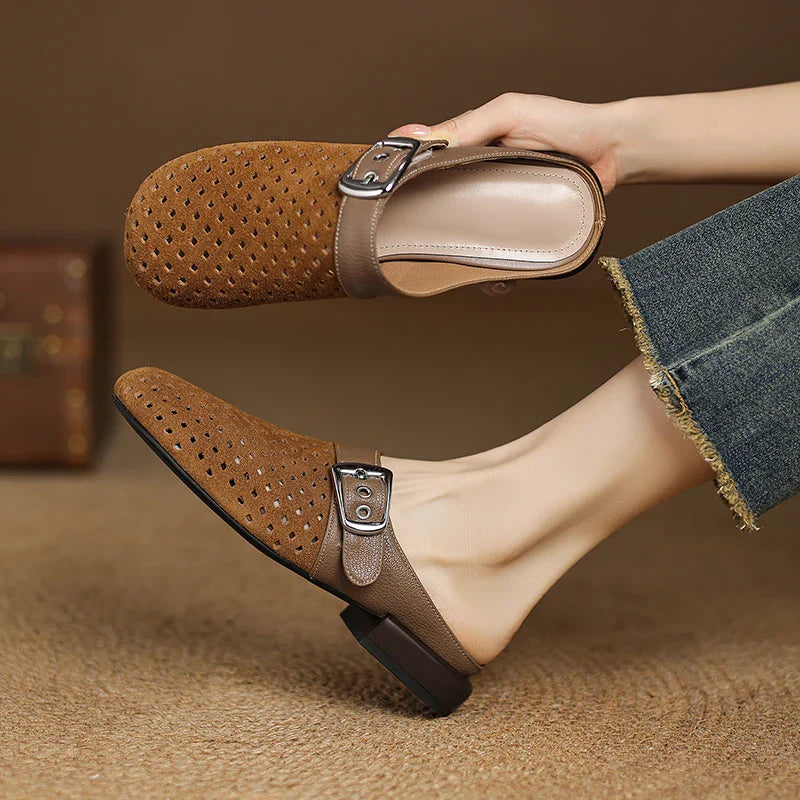 Celine | Women's Perforated Suede Buckle Block Heel Mules