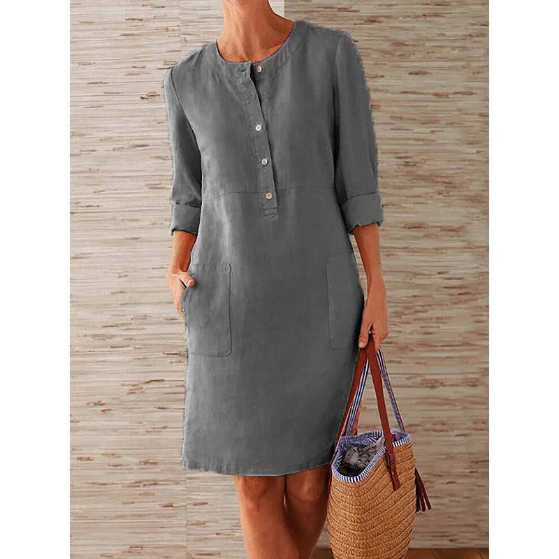 Maelis | Linen Button Front Long Sleeve Pocket Mini Dress