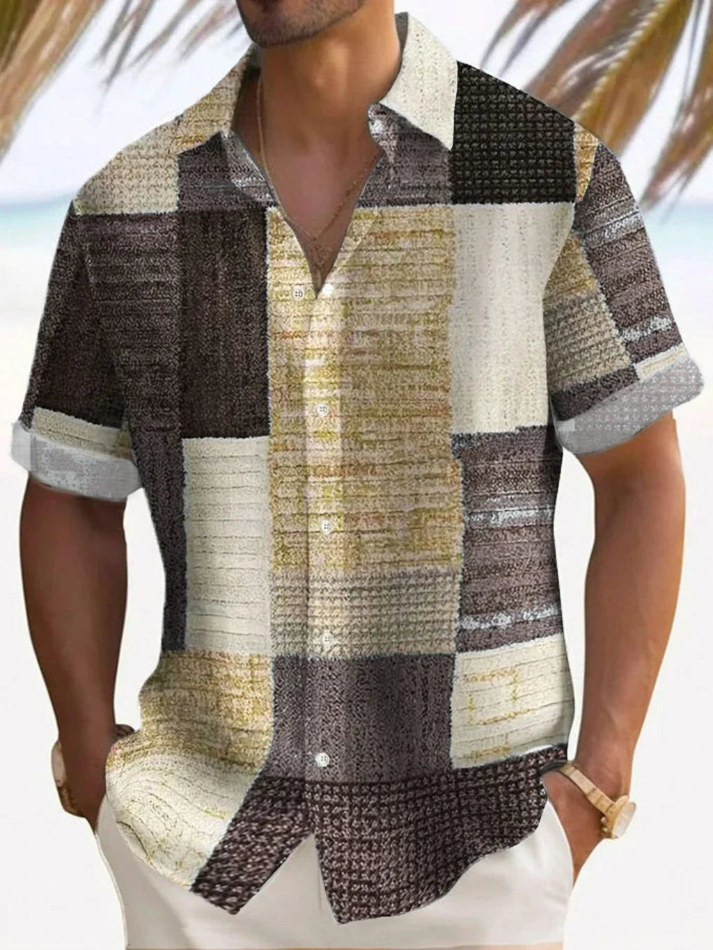 Joshua | Men's Color Block Patchwork Short Sleeve Button Up Shirt