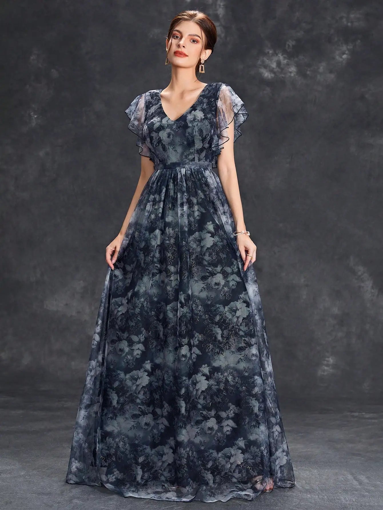 Selene | Floral Print Tulle V Neck Ruffle Sleeve Maxi Dress