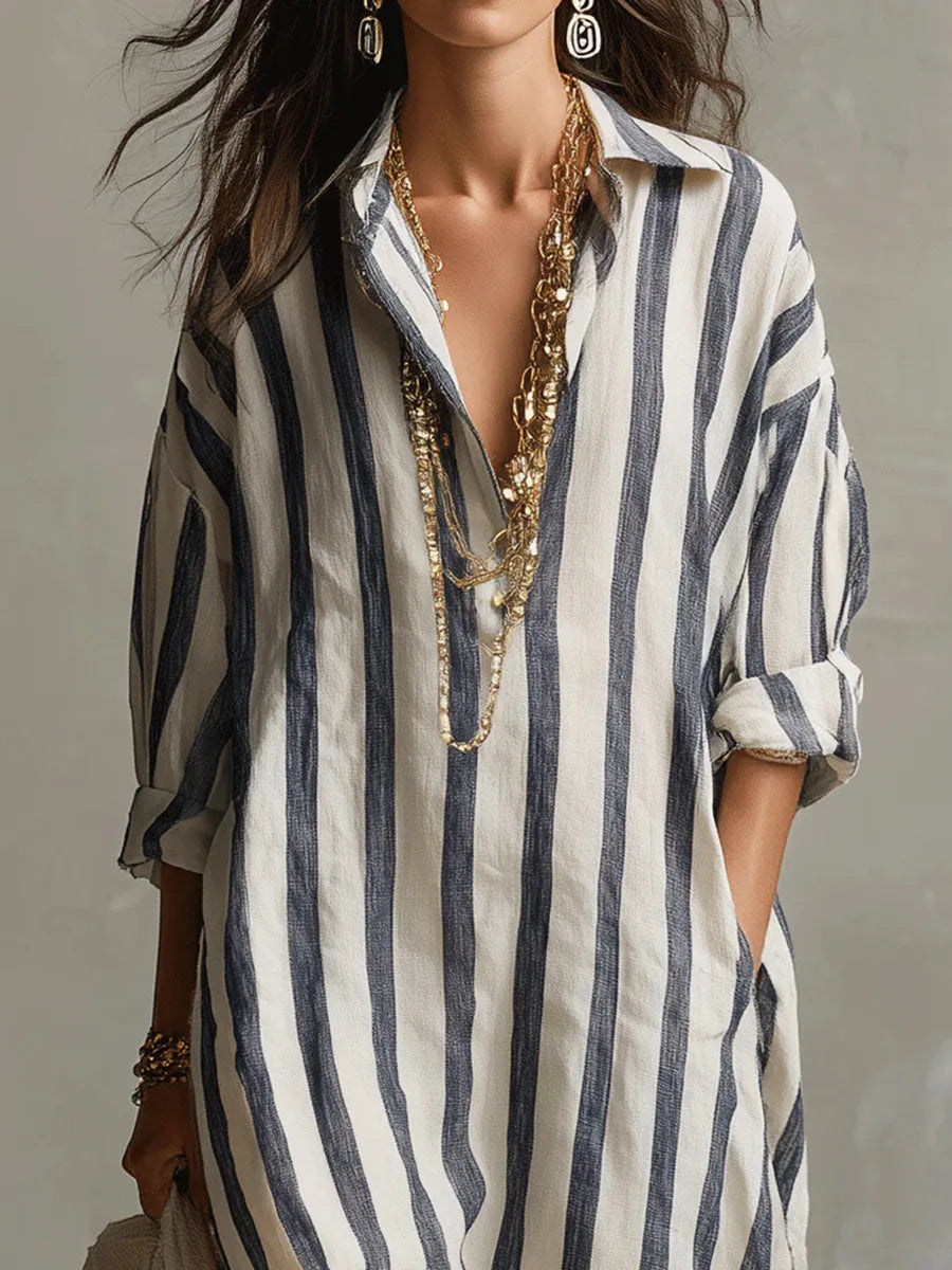 Amaris | Relaxed Striped Linen Long Sleeve Shirt Dress
