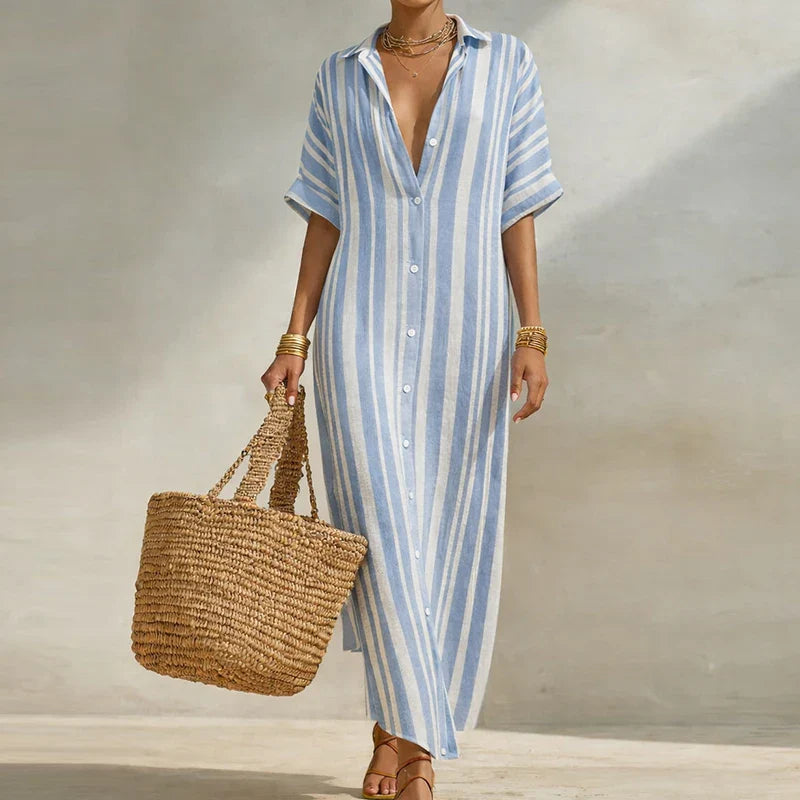 Olivia | Striped Linen Shirt Dress Beach Cover Up Maxi Dress