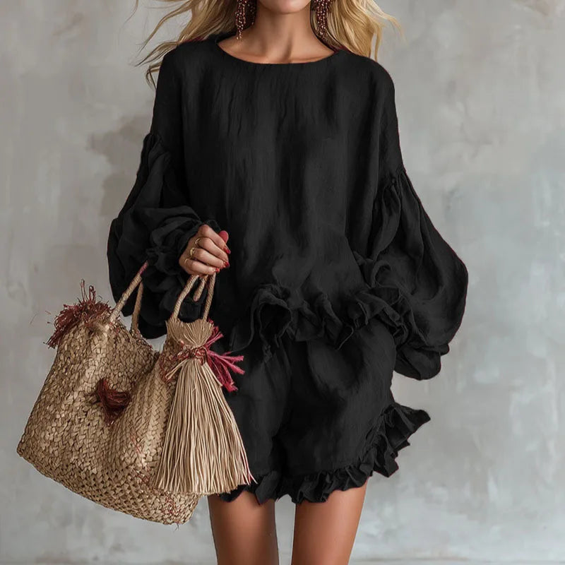 Thalina | Linen Balloon Sleeve Ruffle Hem Mini Dress