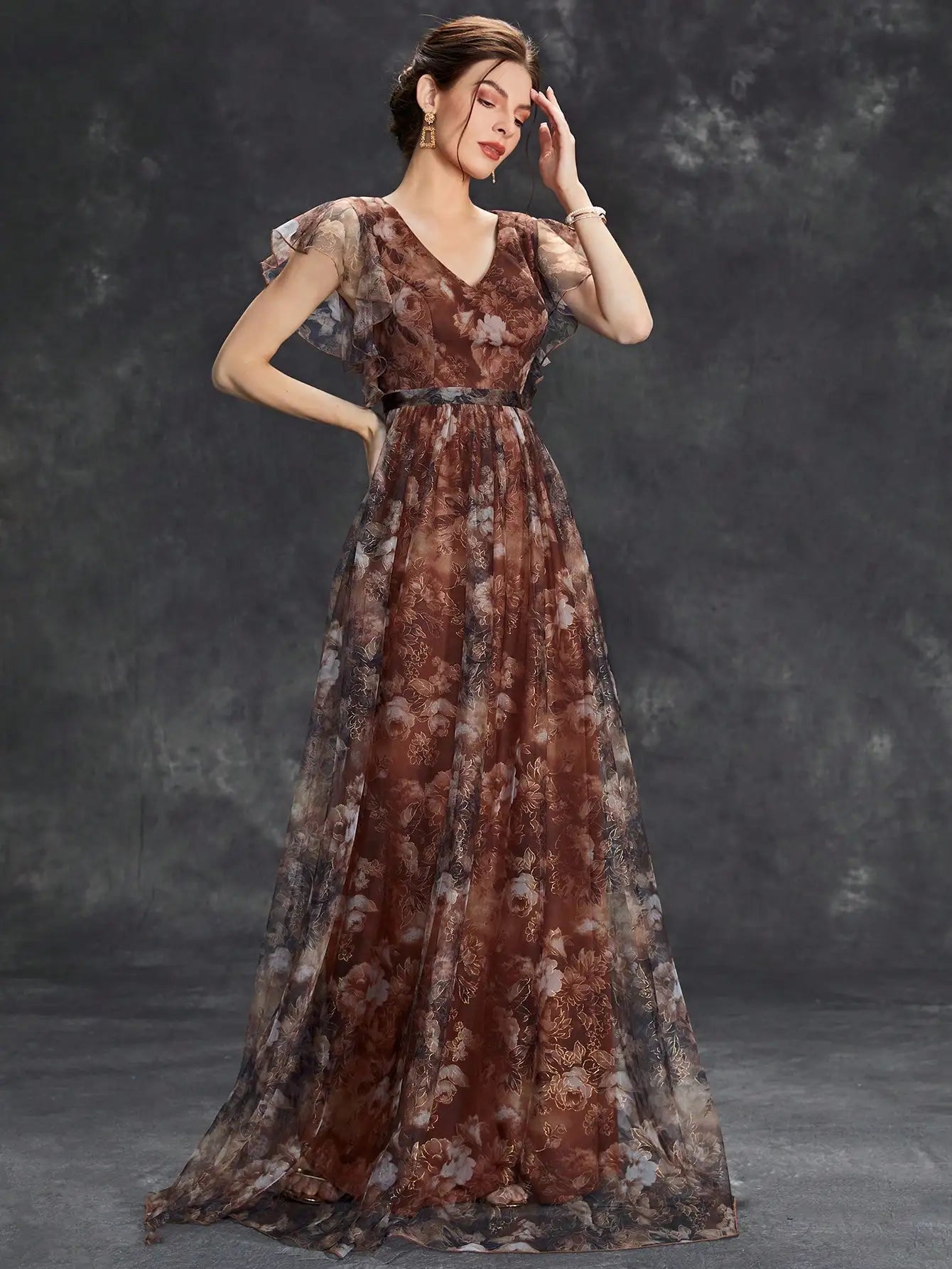 Selene | Floral Print Tulle V Neck Ruffle Sleeve Maxi Dress
