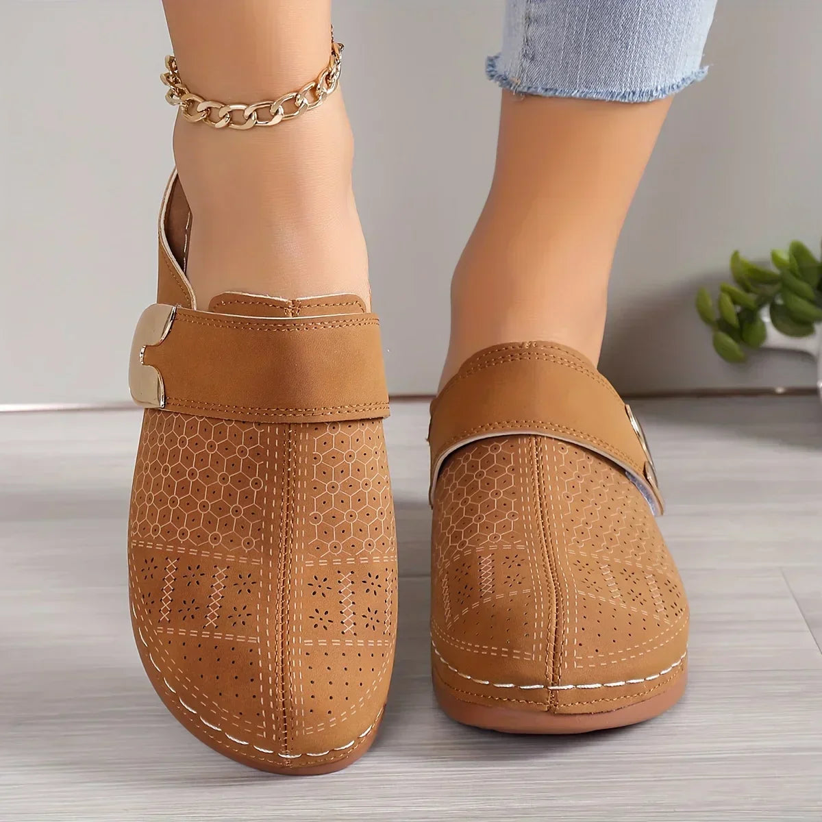 Bianca | Women's Perforated Metal Buckle Flat Slip On Mules