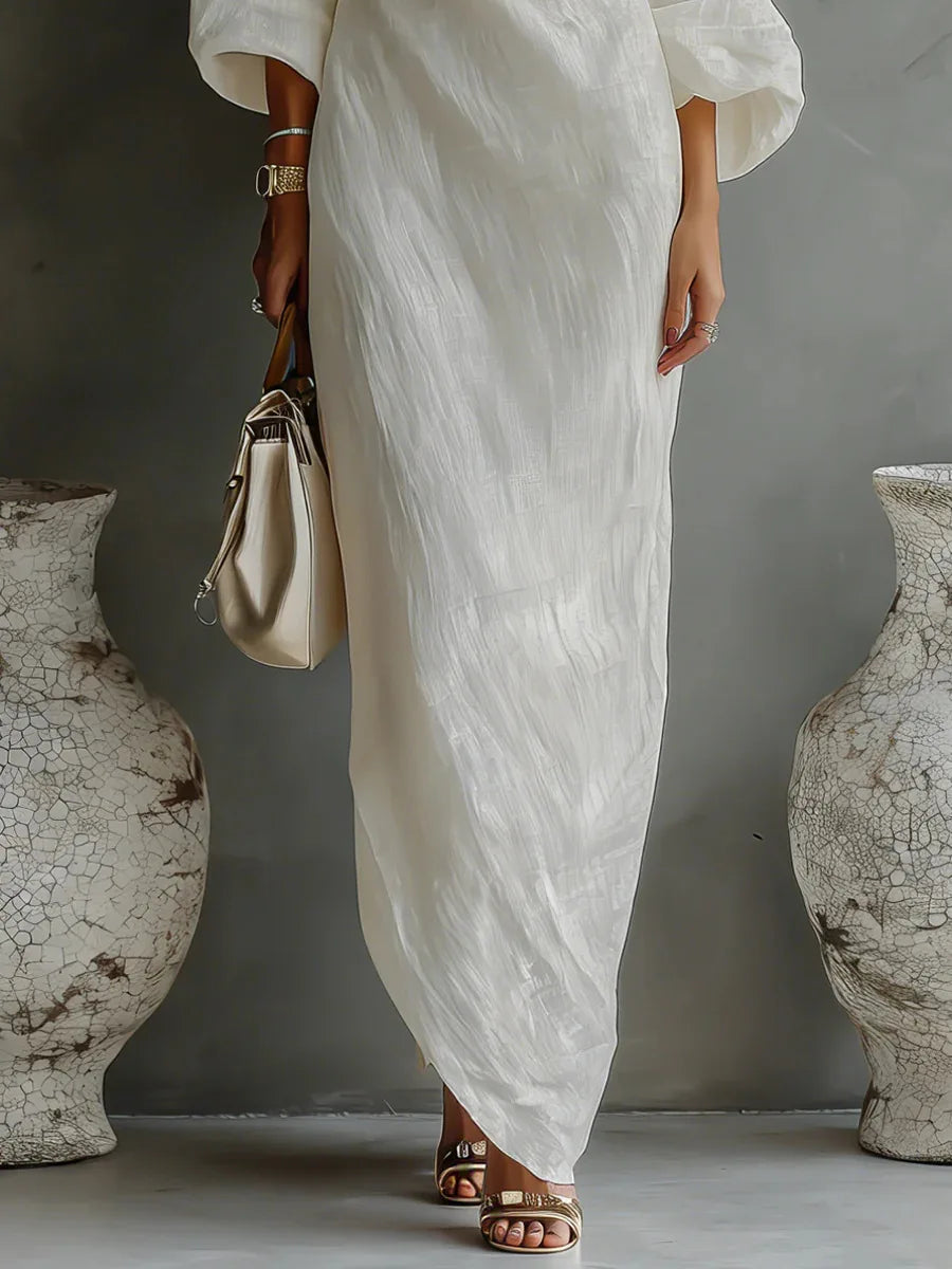 Daisy | Elegant One Shoulder Draped Linen Maxi Dress