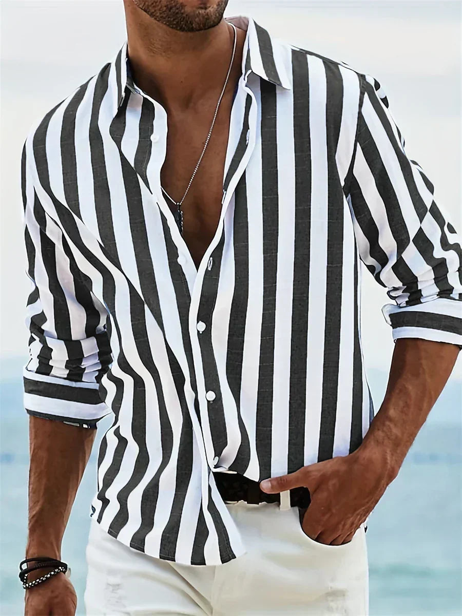 Joel | Men's Striped Linen Long Sleeve Button Up Shirt