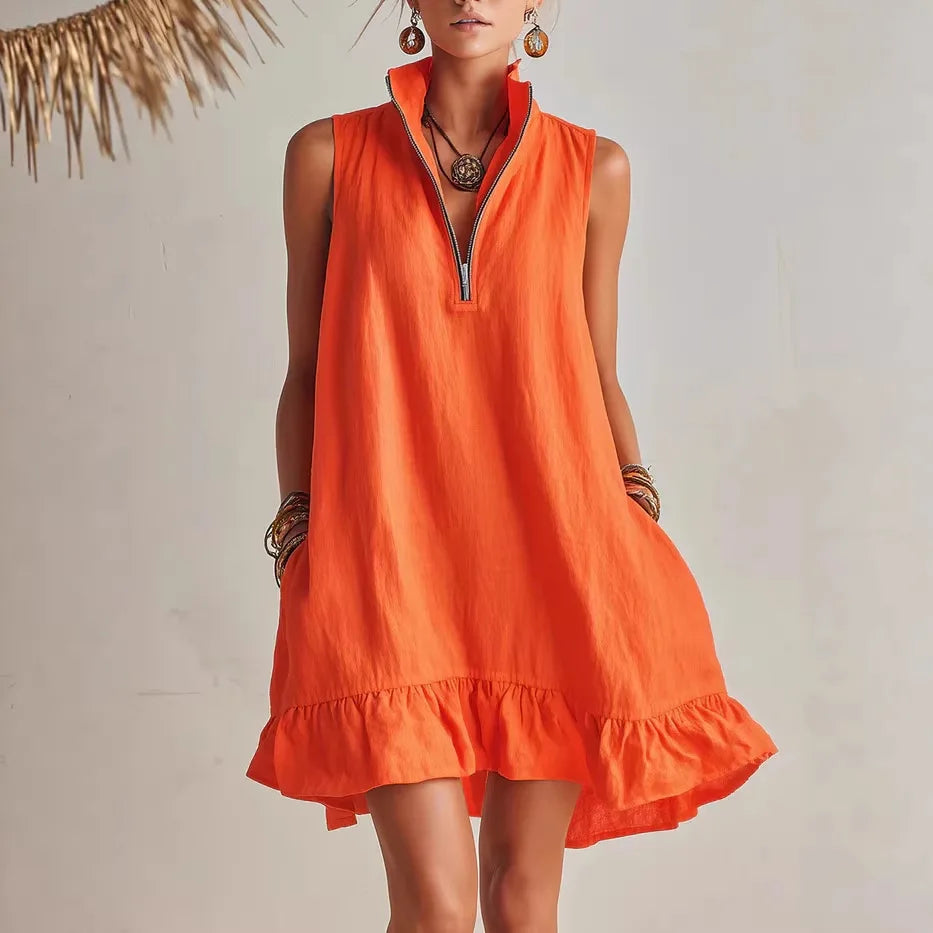 Mila | Linen Zip Neck Sleeveless Ruffle Hem Mini Dress
