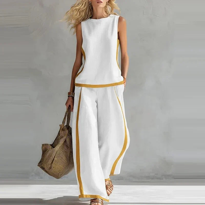 Solene | Contrast Trim Sleeveless Top Wide Leg Pants Set