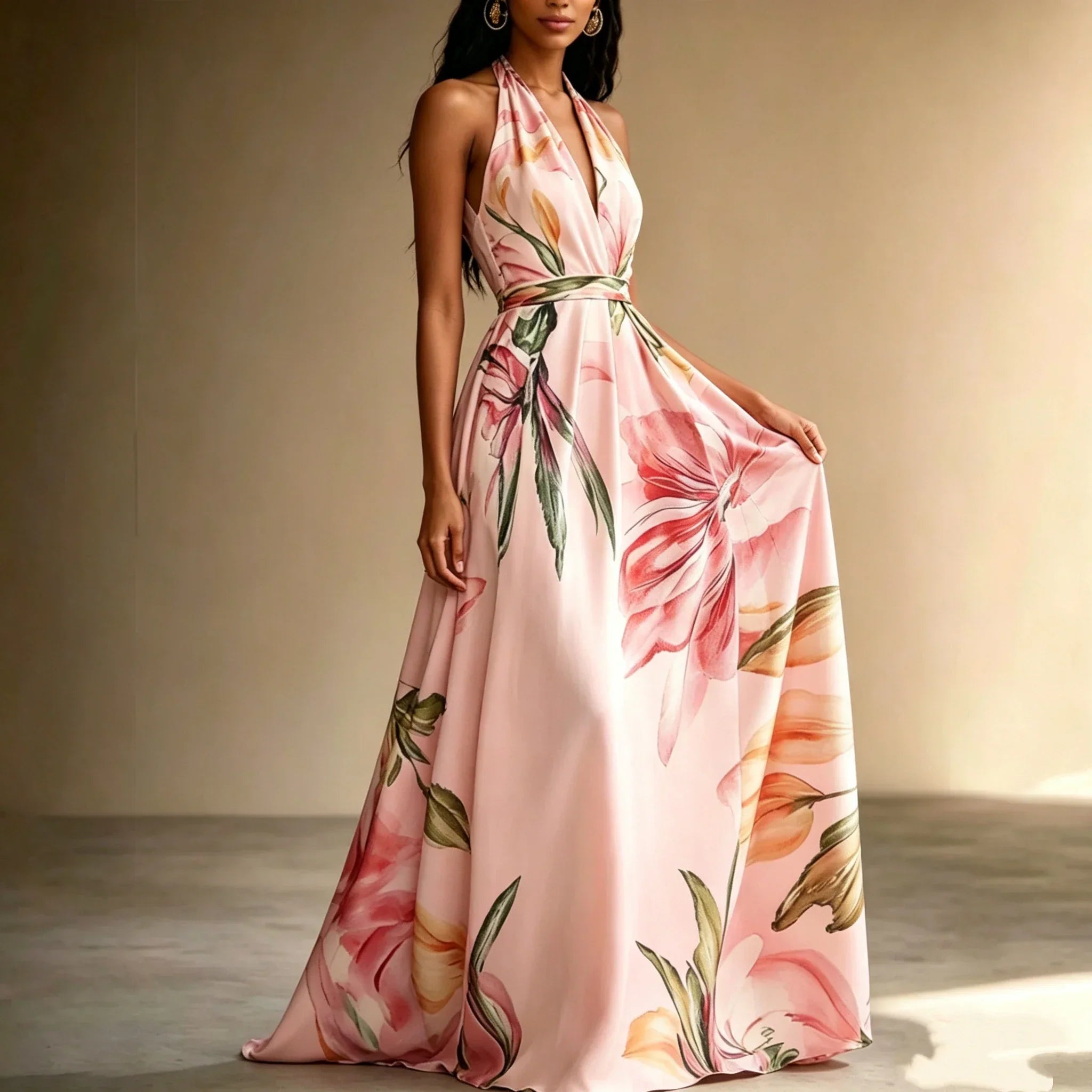 Loraine | Floral Print Deep V Neck Halter Backless Maxi Dress