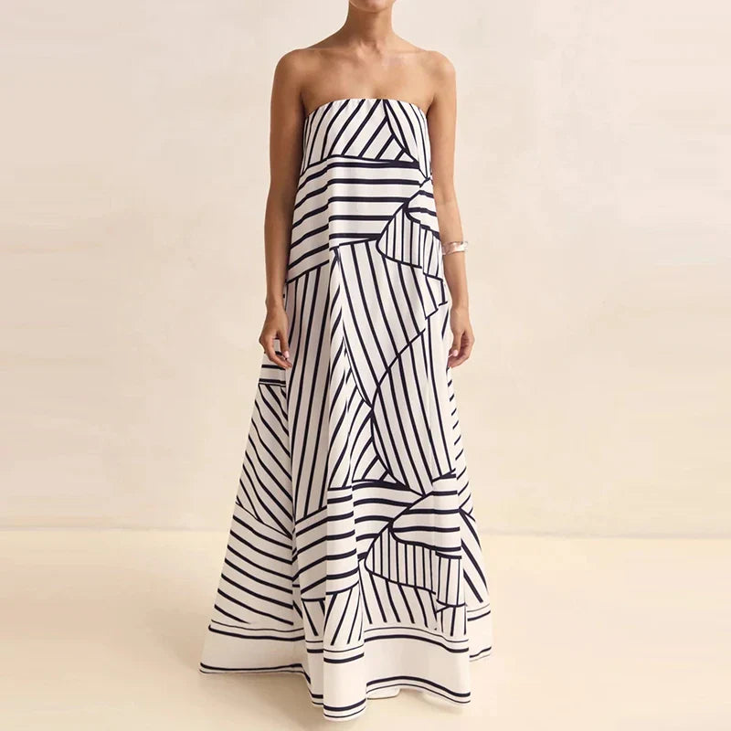 Liorah | Abstract Print Strapless Flowy Maxi Dress