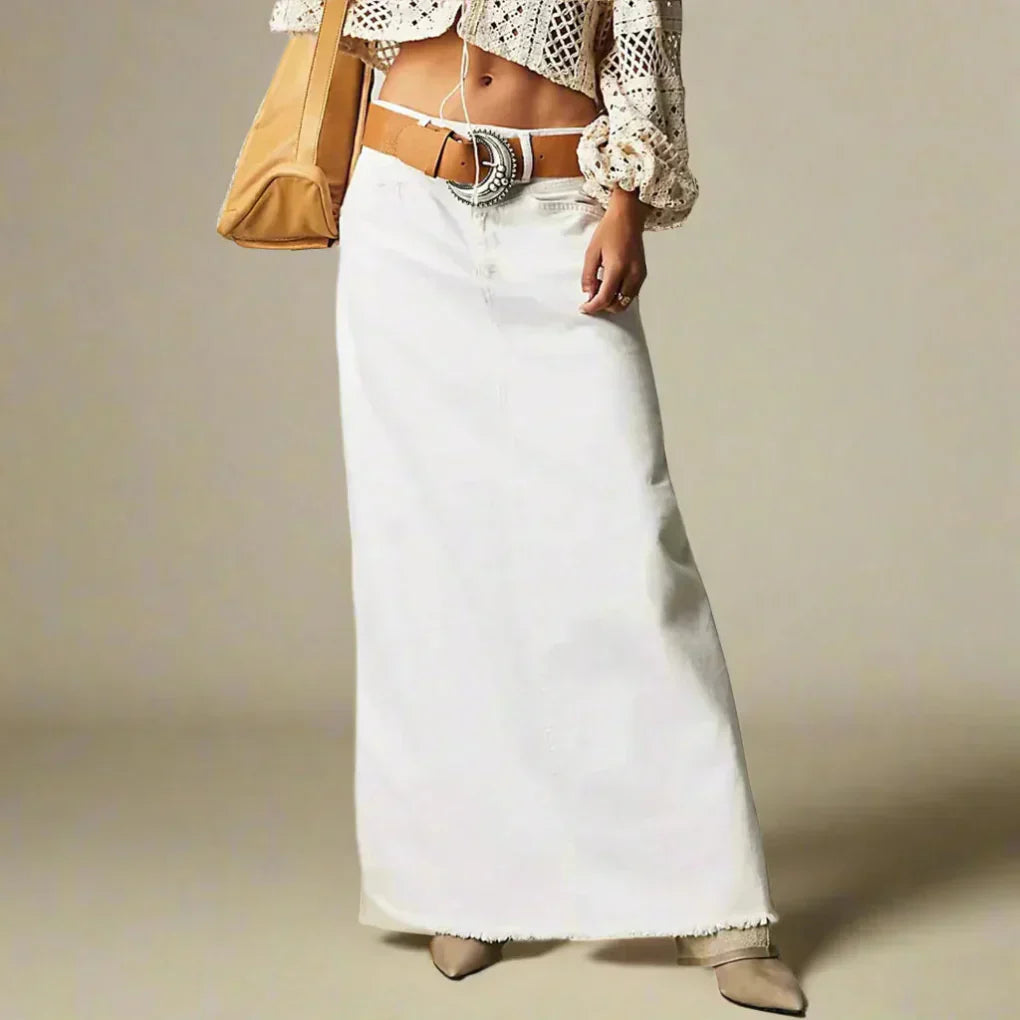 Harlow | High-Waist Frayed Hem Denim Maxi Skirt