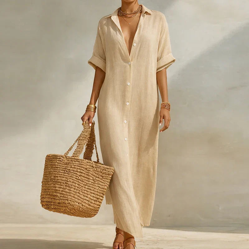 Olivia | Striped Linen Shirt Dress Beach Cover Up Maxi Dress