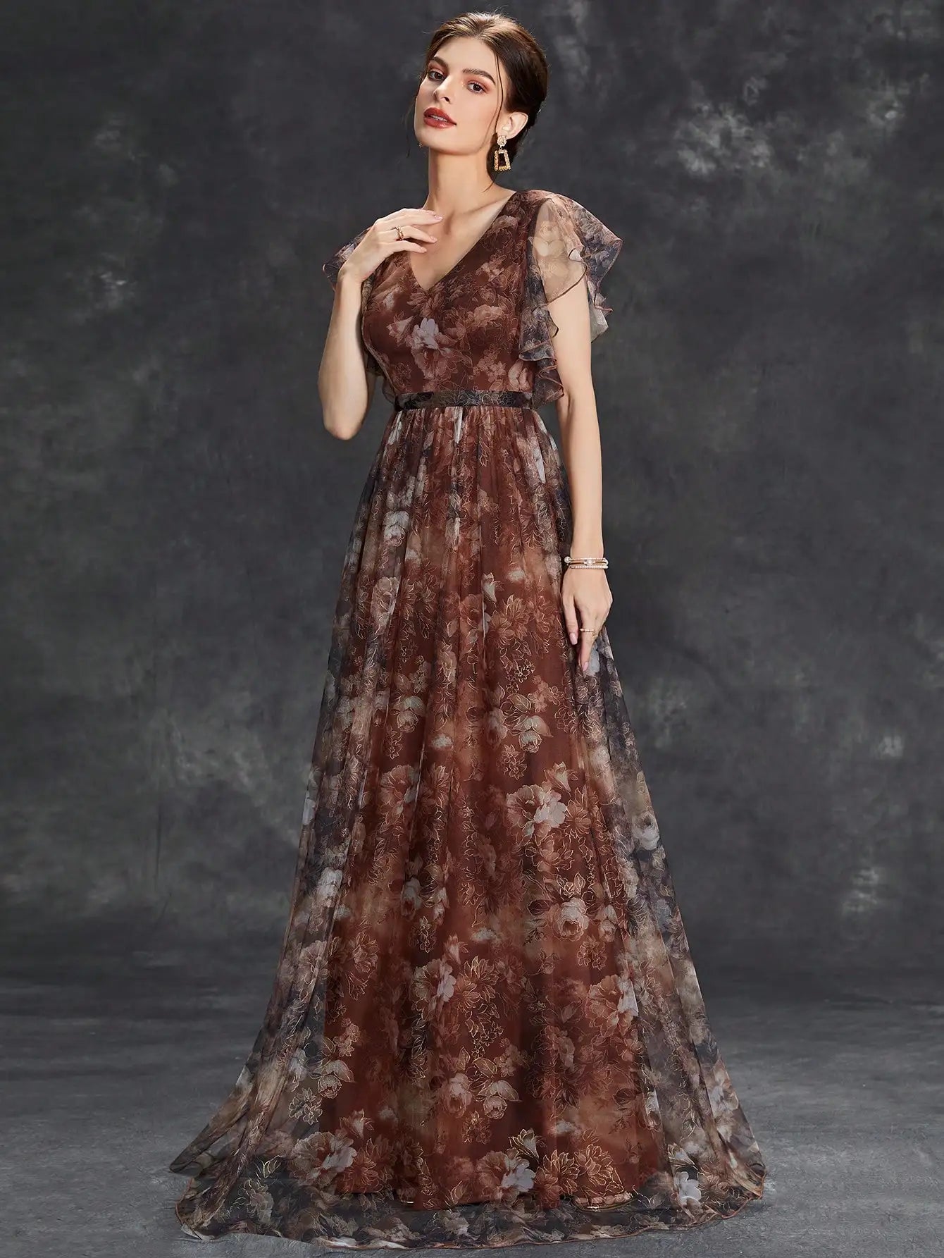 Selene | Floral Print Tulle V Neck Ruffle Sleeve Maxi Dress