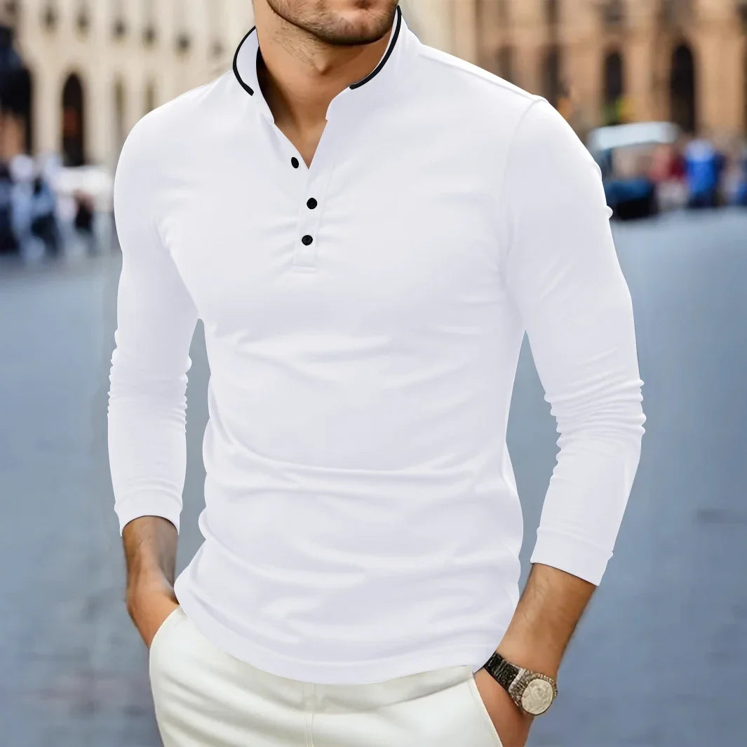 Wesley | Men's Long Sleeve Henley Polo Shirt with Contrast Trim