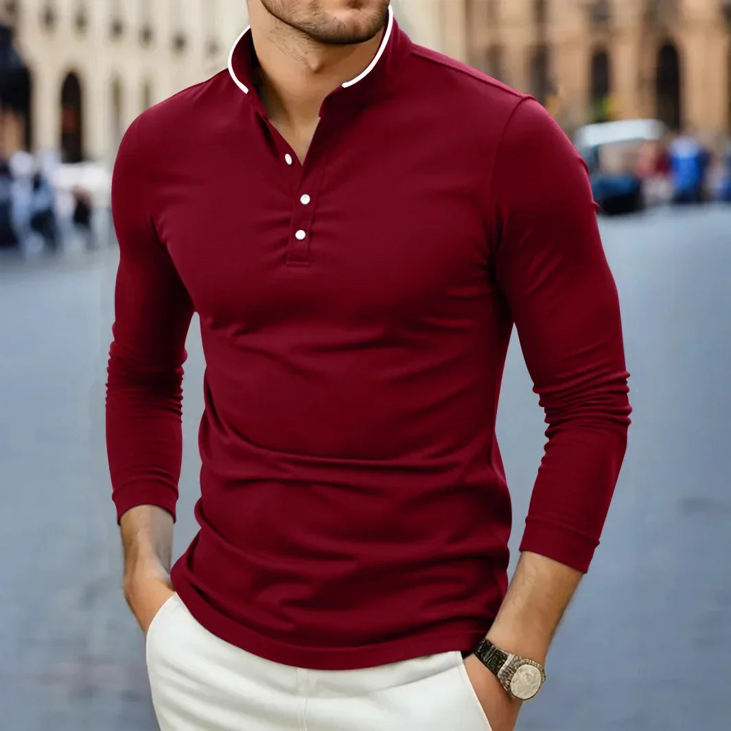 Wesley | Men's Long Sleeve Henley Polo Shirt with Contrast Trim