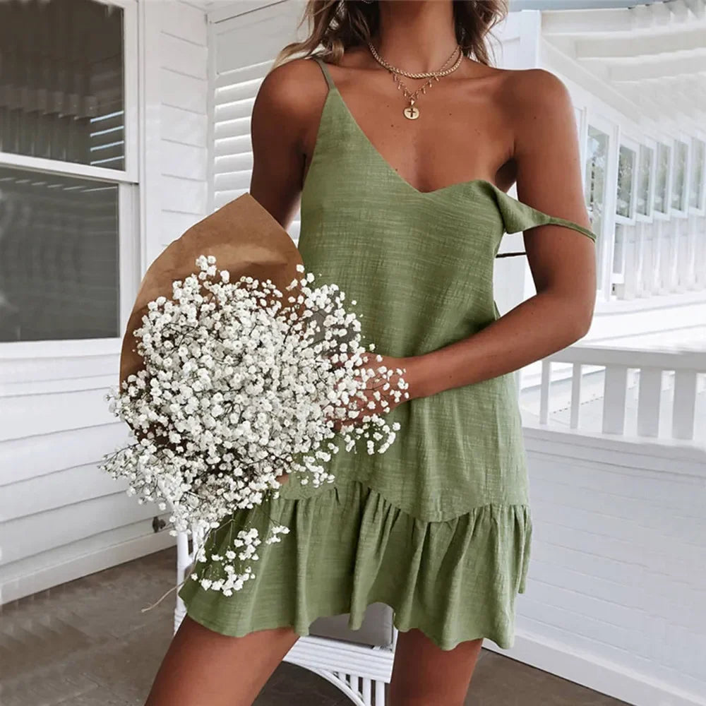Riyana | Linen V Neck Spaghetti Strap Ruffle Hem Mini Dress