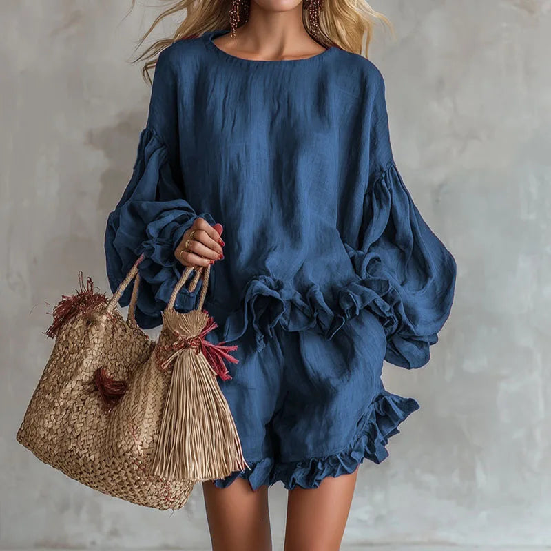 Thalina | Linen Balloon Sleeve Ruffle Hem Mini Dress