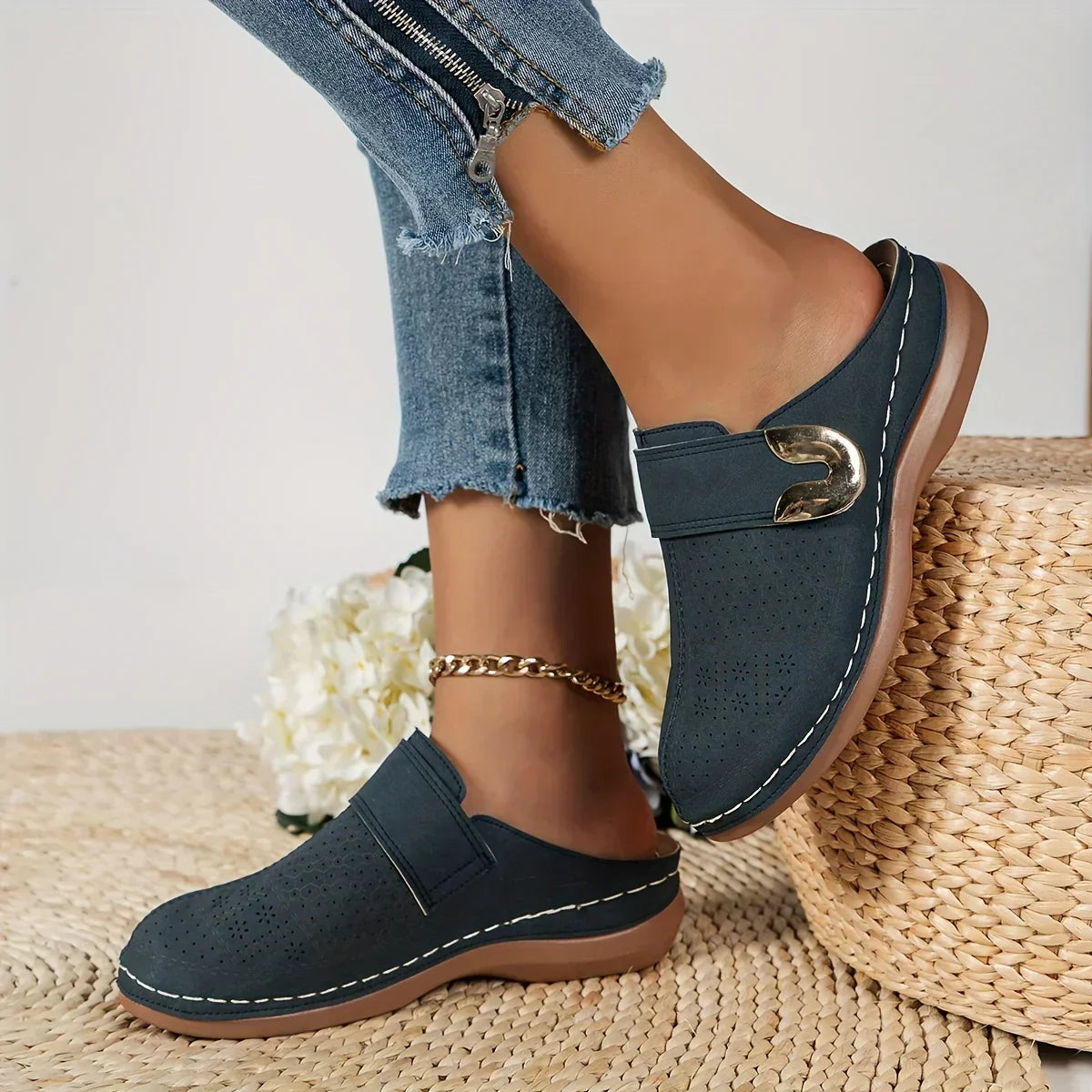 Bianca | Women's Perforated Metal Buckle Flat Slip On Mules