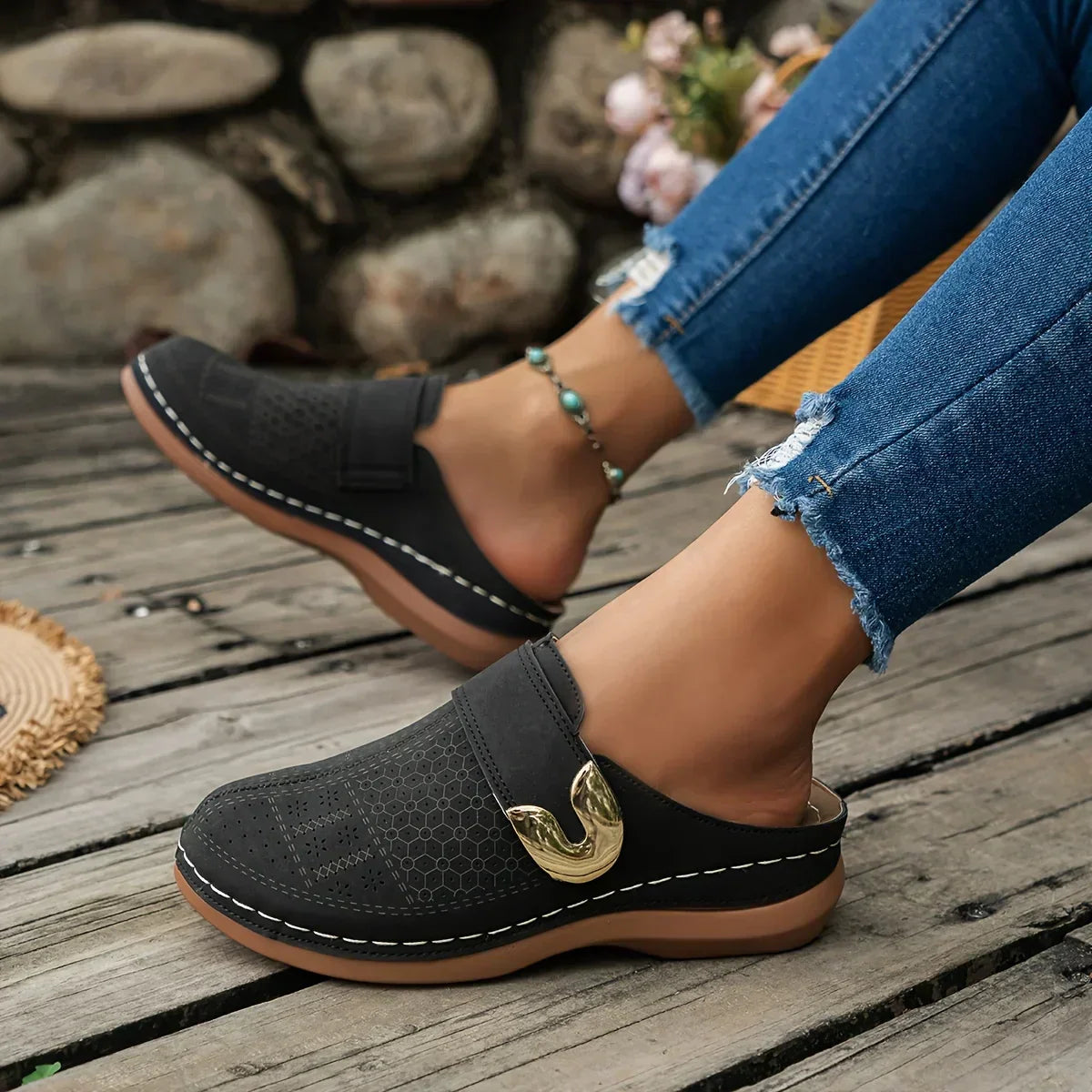 Marcella | Women's Perforated Metal Buckle Flat Slip On Mules