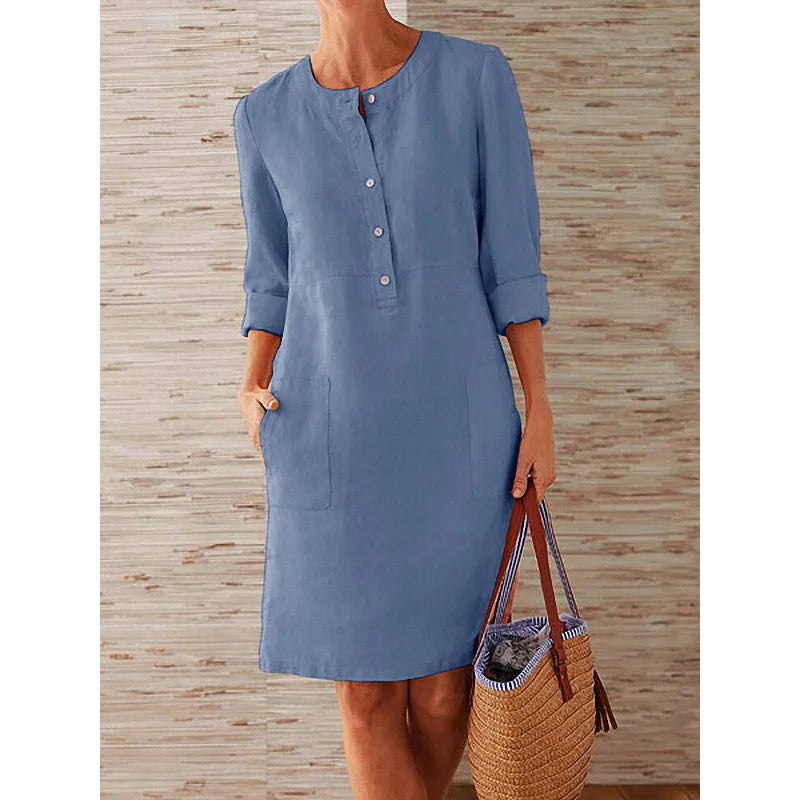 Maelis | Linen Button Front Long Sleeve Pocket Mini Dress