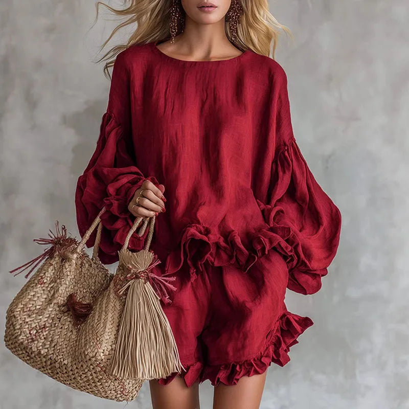 Thalina | Linen Balloon Sleeve Ruffle Hem Mini Dress