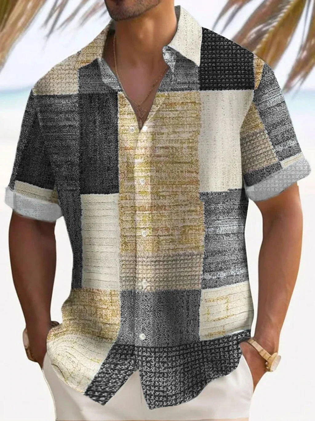 Joshua | Men's Color Block Patchwork Short Sleeve Button Up Shirt