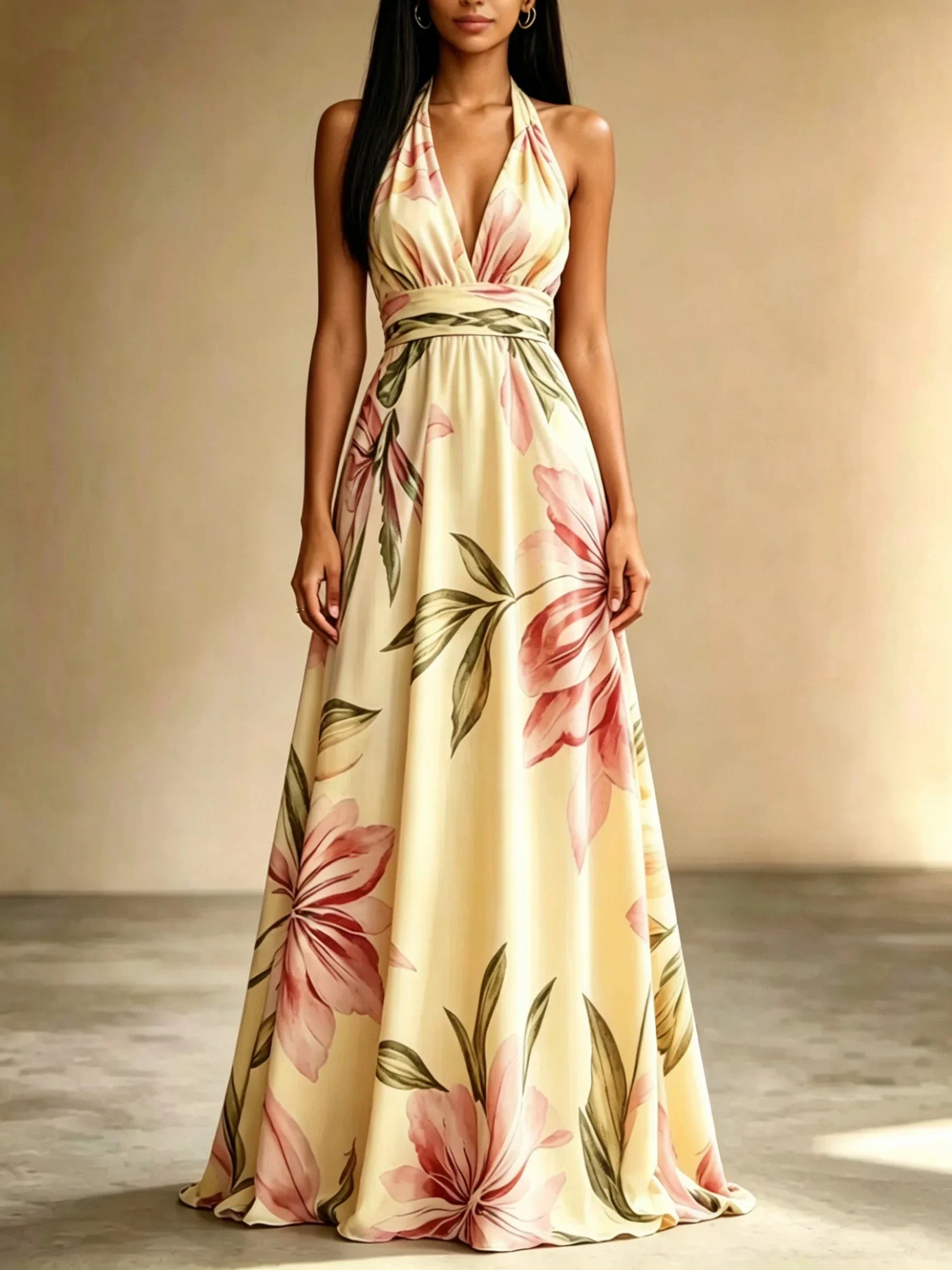Loraine | Floral Print Deep V Neck Halter Backless Maxi Dress