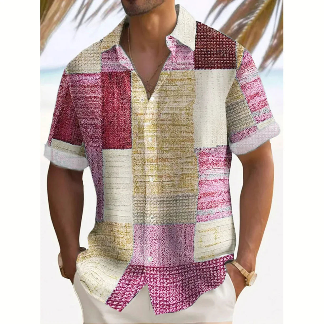 Joshua | Men's Color Block Patchwork Short Sleeve Button Up Shirt