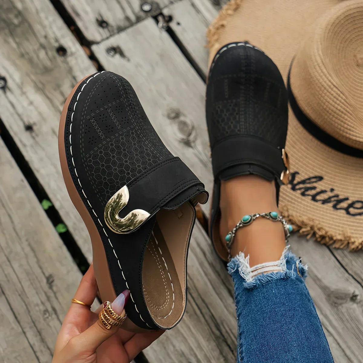 Bianca | Women's Perforated Metal Buckle Flat Slip On Mules