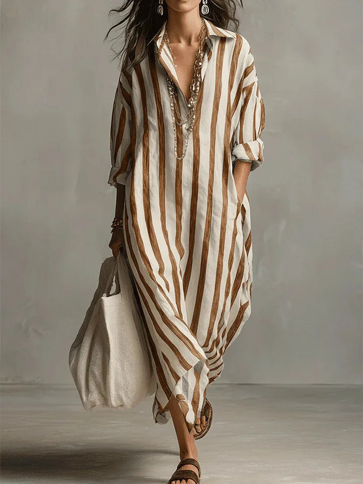 Amaris | Relaxed Striped Linen Long Sleeve Shirt Dress