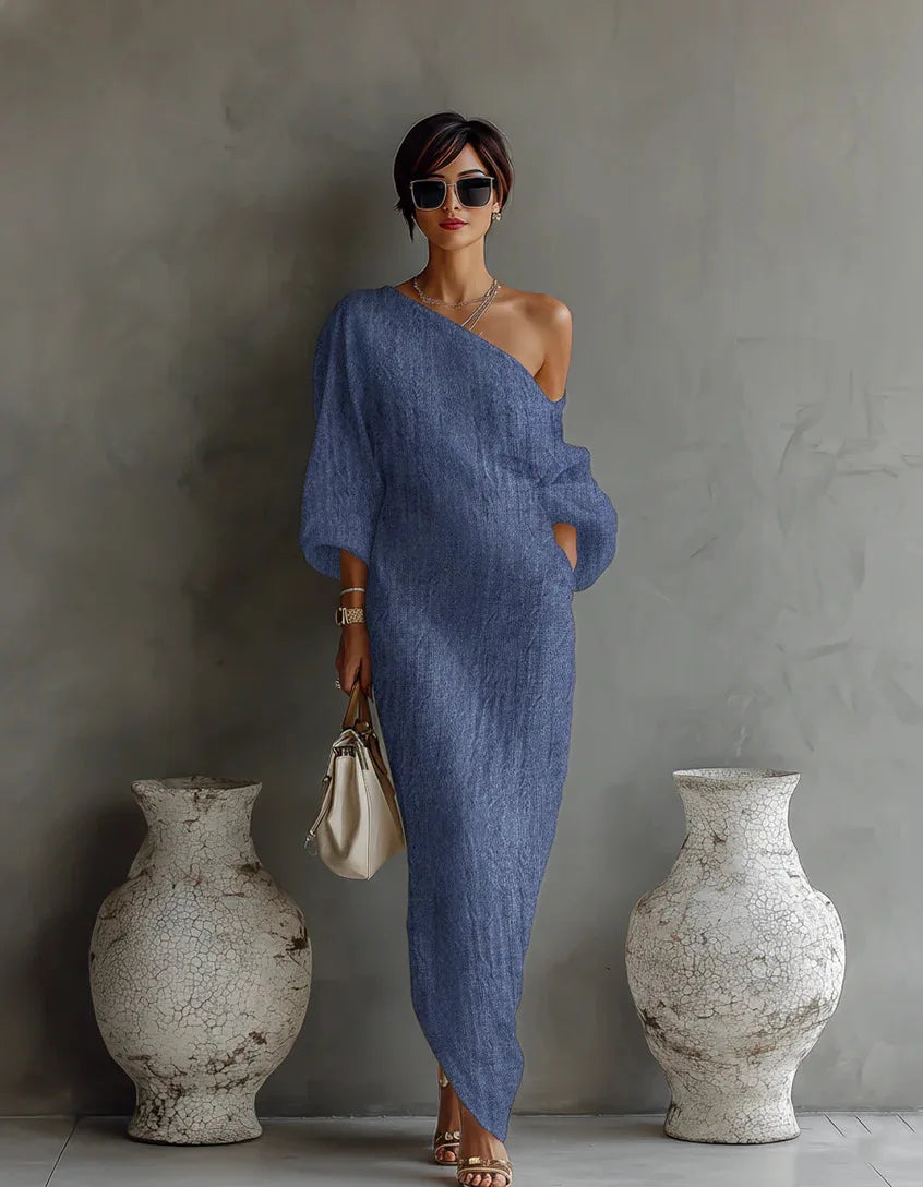Daisy | Elegant One Shoulder Draped Linen Maxi Dress