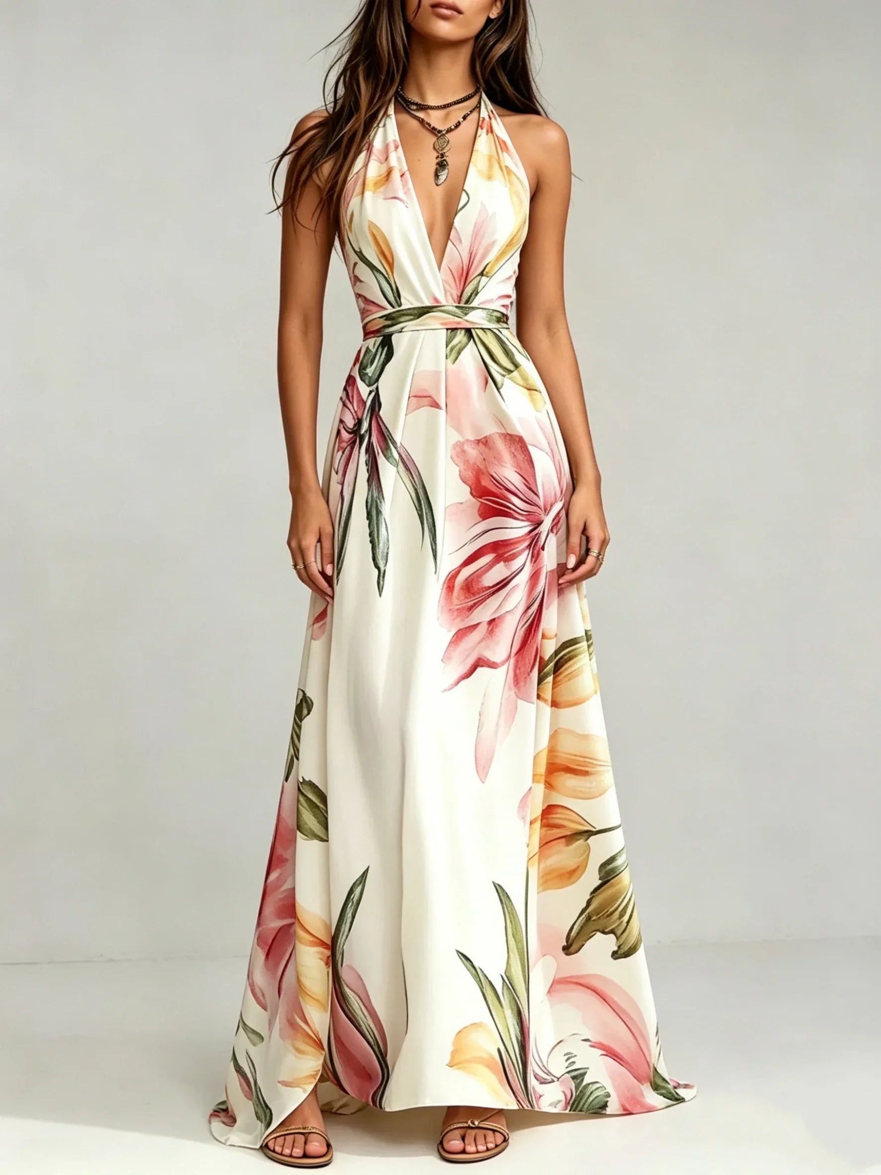 Loraine | Floral Print Deep V Neck Halter Backless Maxi Dress