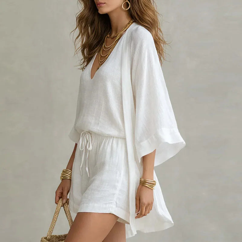 Serena | Linen Three-Piece Cardigan & Shorts Set