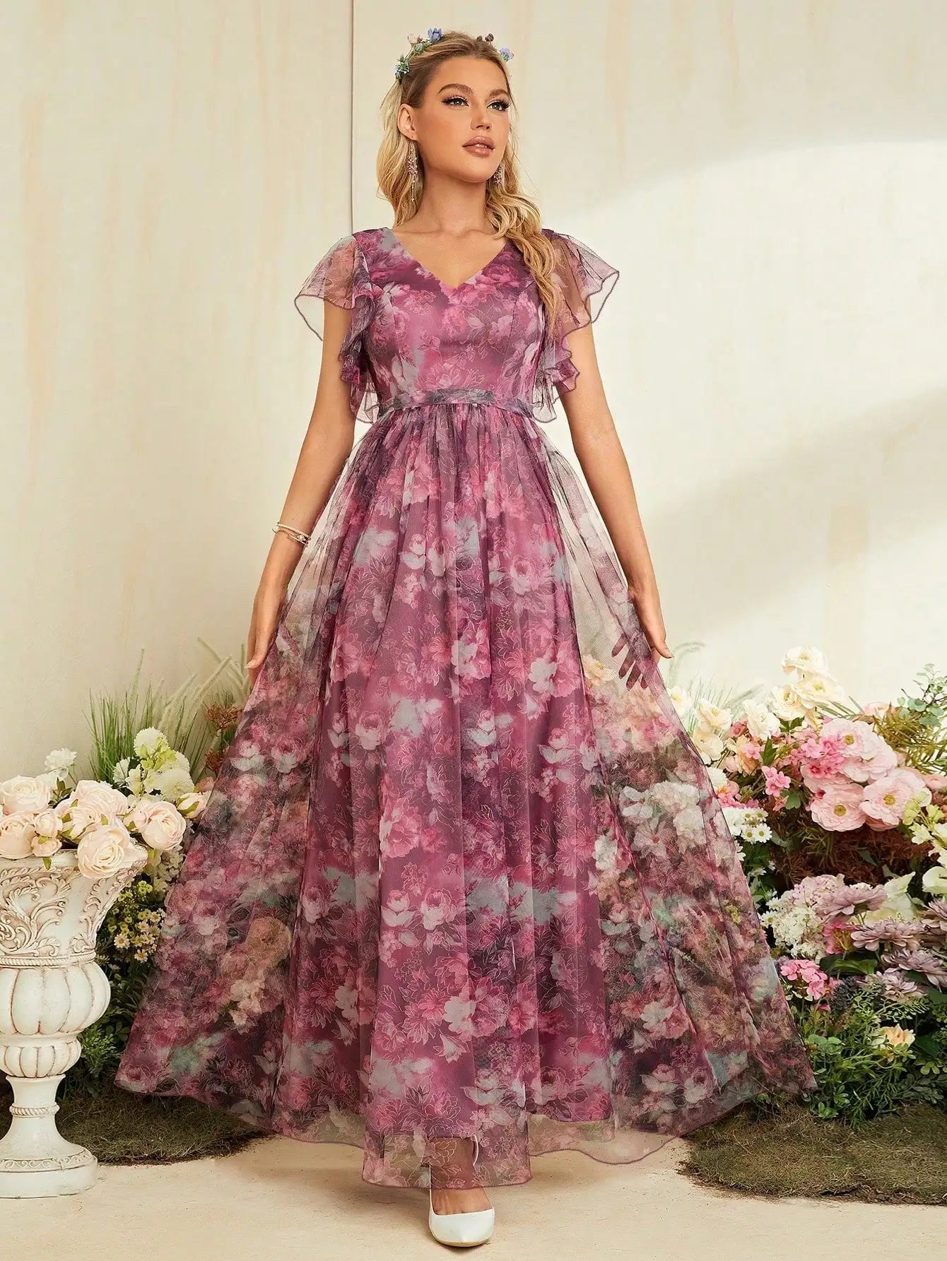 Selene | Floral Print Tulle V Neck Ruffle Sleeve Maxi Dress