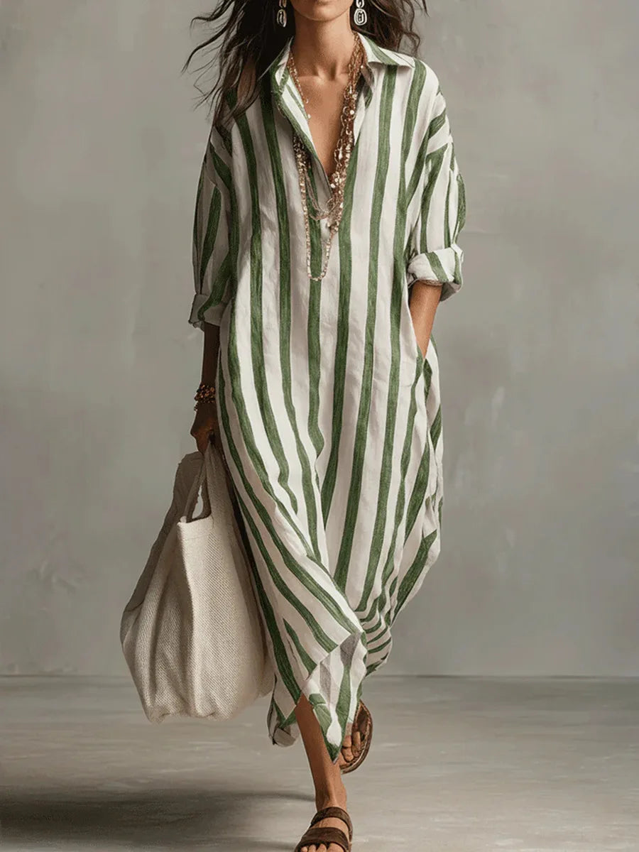 Amaris | Relaxed Striped Linen Long Sleeve Shirt Dress