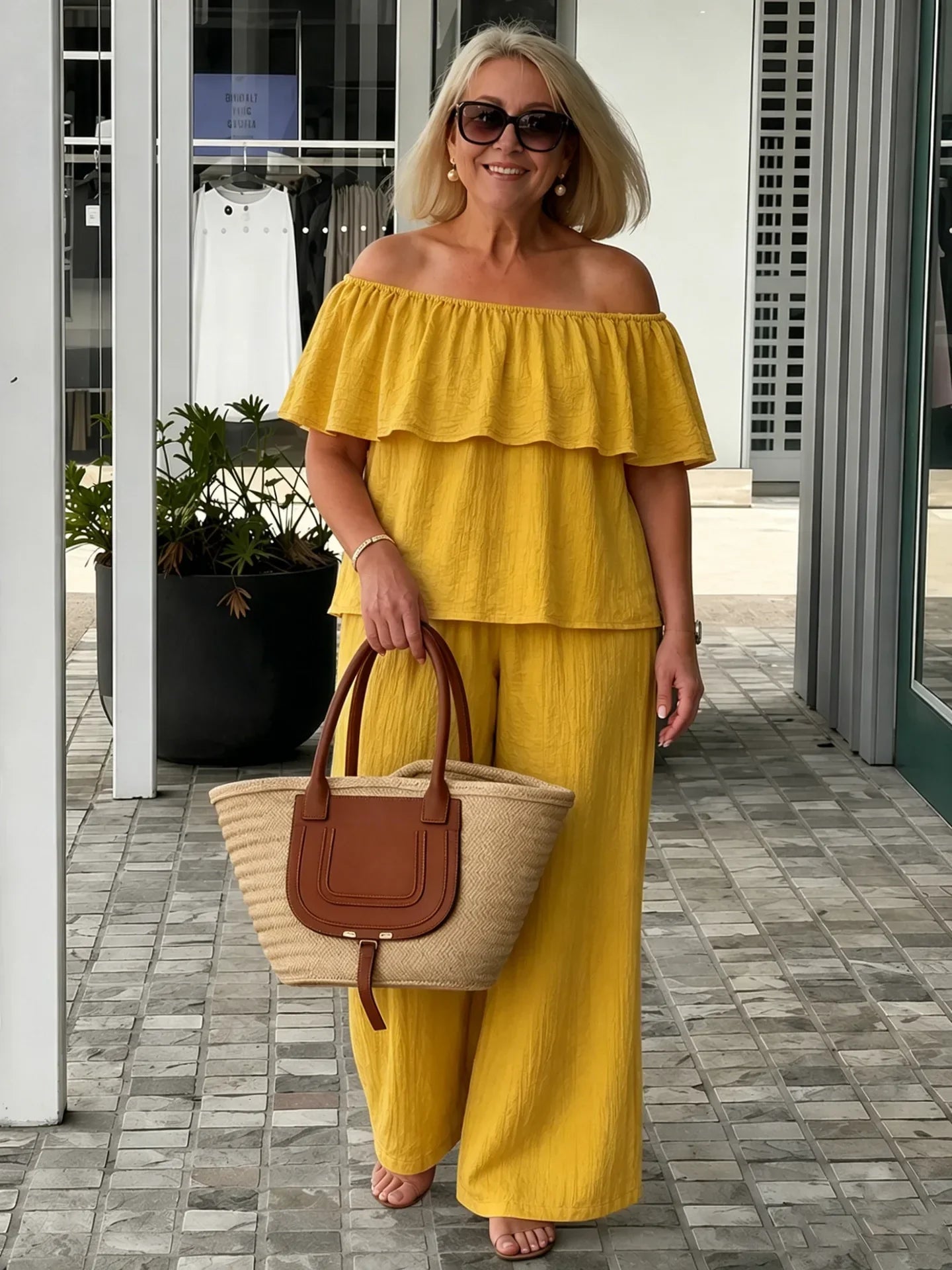 Alessia | Off Shoulder Ruffle Top Wide Leg Pants Two-Piece Set