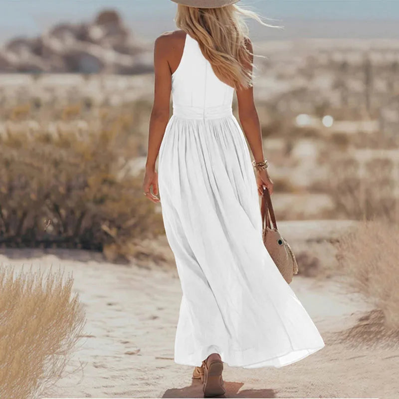 Selene | Halter Deep V Neck Pleated Backless Maxi Dress