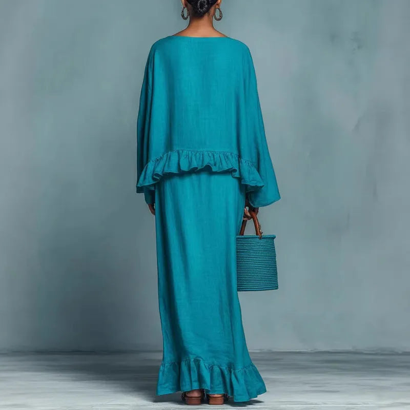 Azaria | Linen Ruffle Hem Long Sleeve Top Maxi Skirt Set
