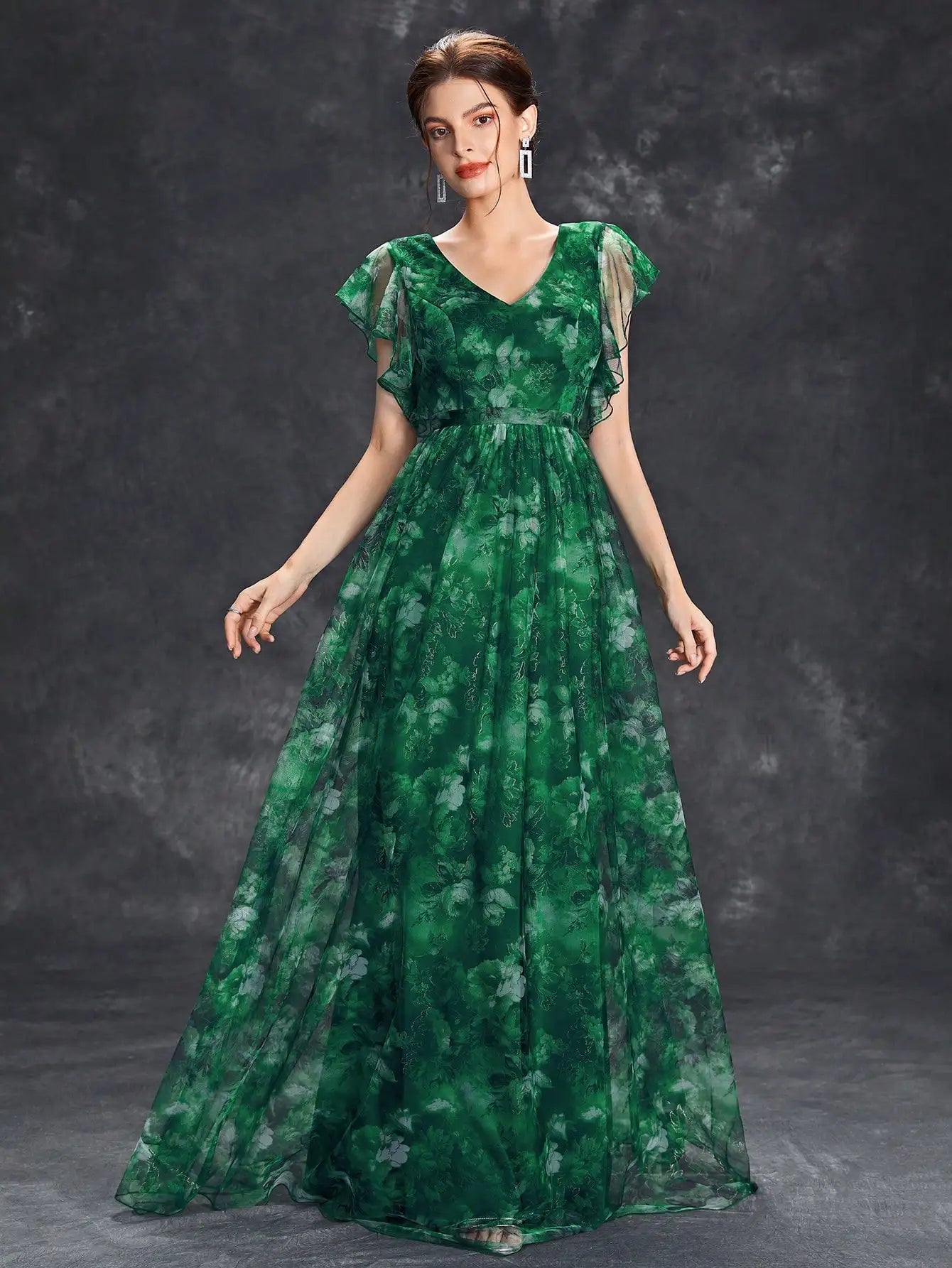 Selene | Floral Print Tulle V Neck Ruffle Sleeve Maxi Dress