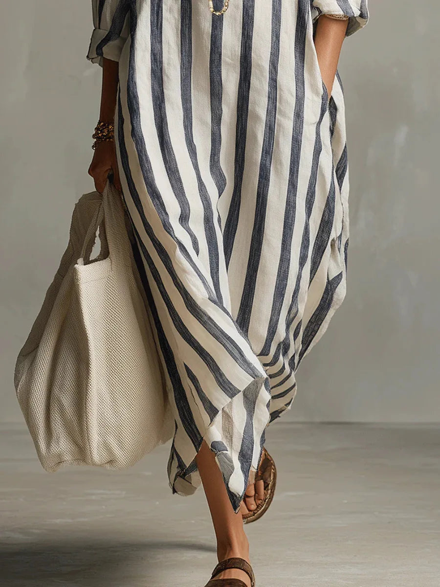 Amaris | Relaxed Striped Linen Long Sleeve Shirt Dress