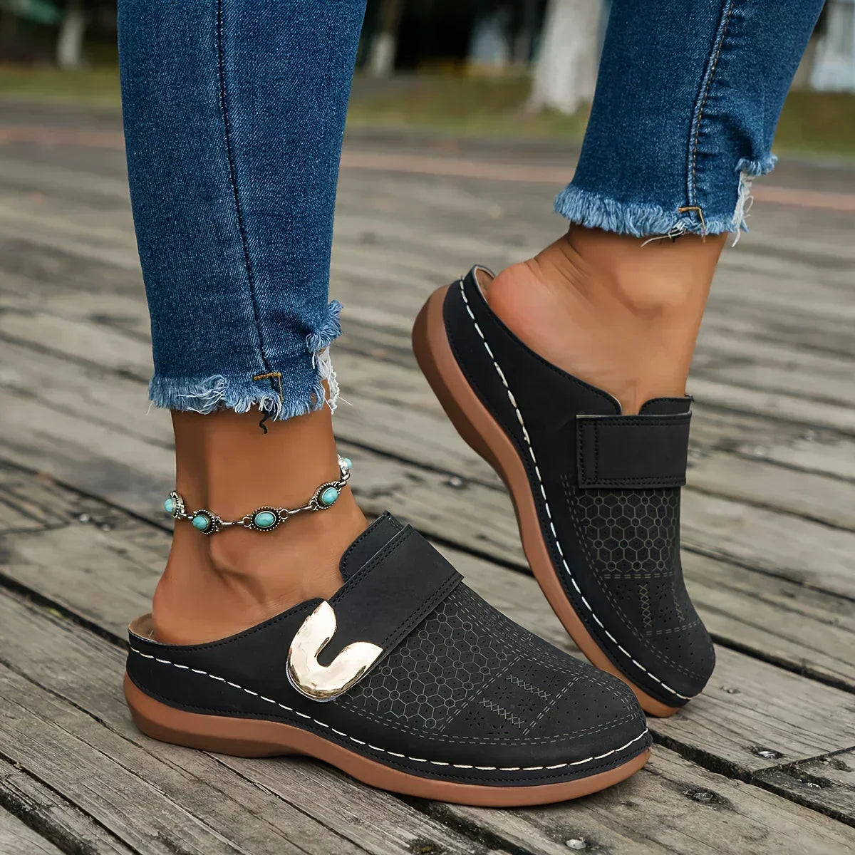 Marcella | Women's Perforated Metal Buckle Flat Slip On Mules