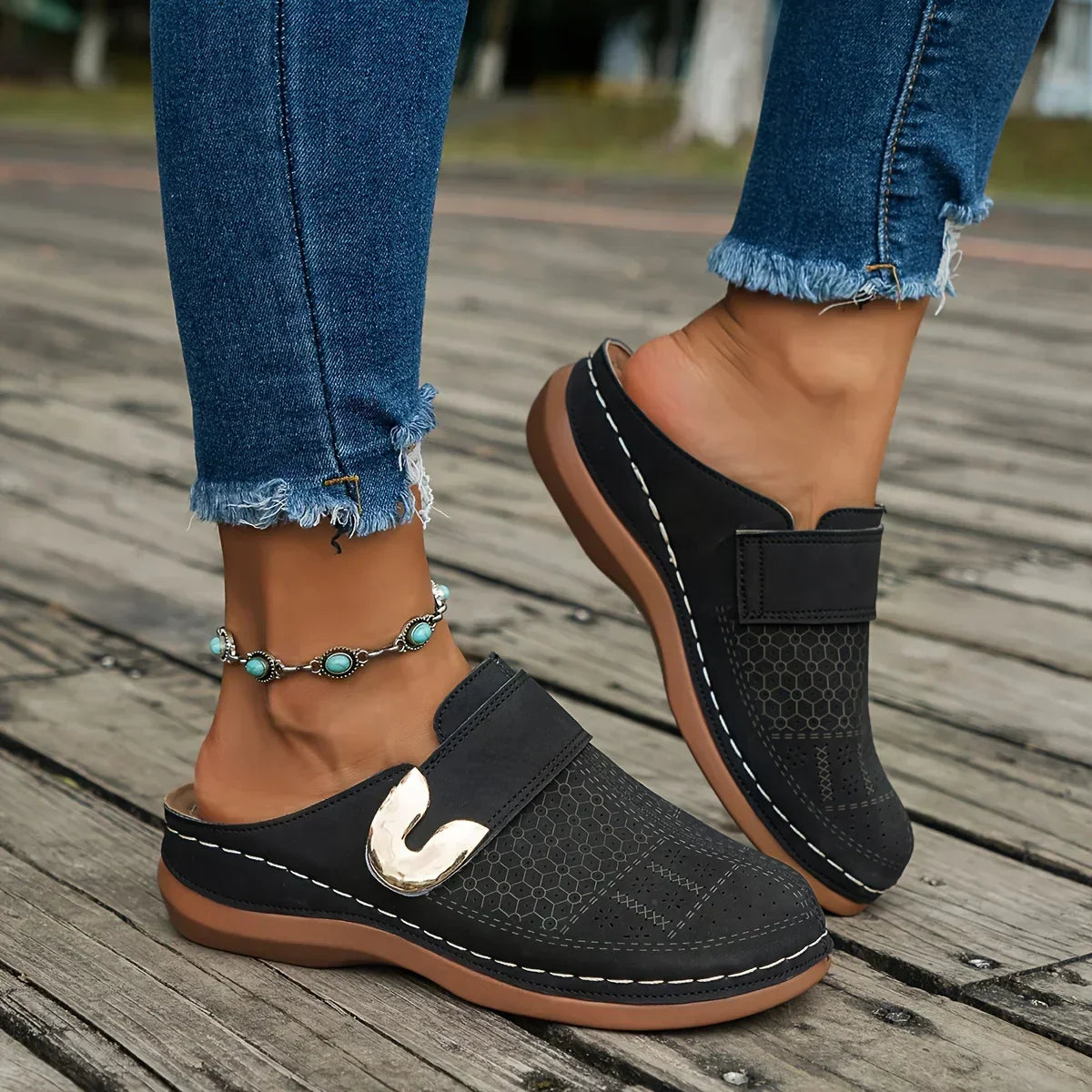 Bianca | Women's Perforated Metal Buckle Flat Slip On Mules