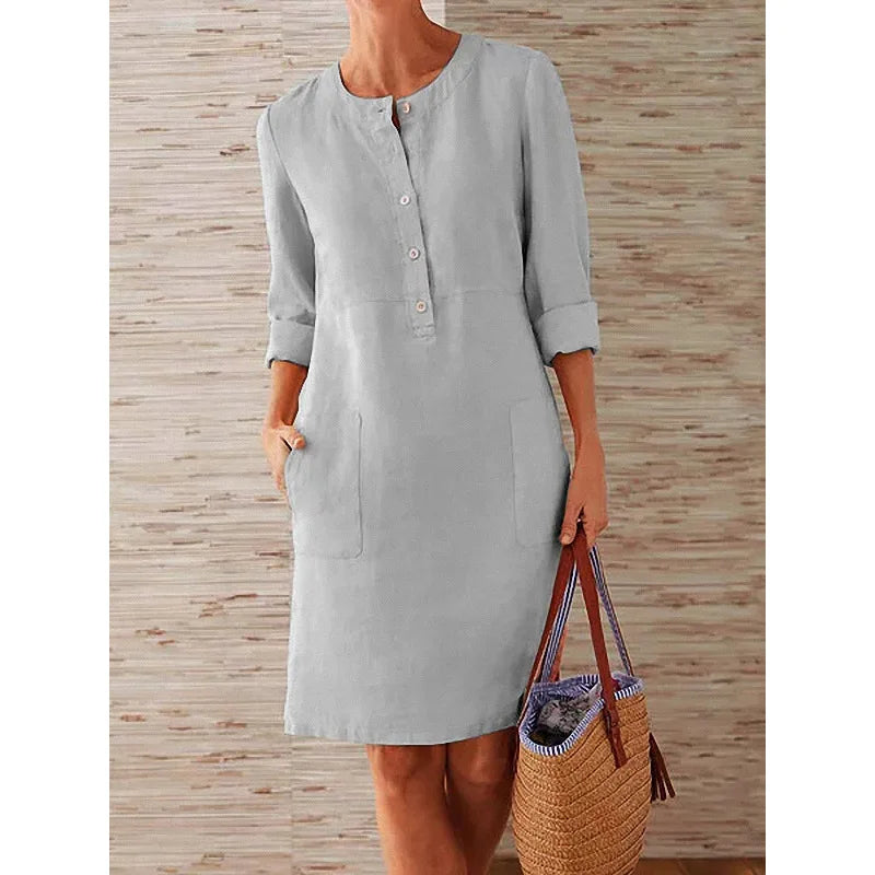 Maelis | Linen Button Front Long Sleeve Pocket Mini Dress