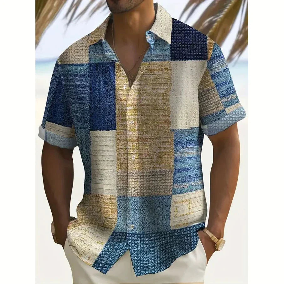 Joshua | Men's Color Block Patchwork Short Sleeve Button Up Shirt