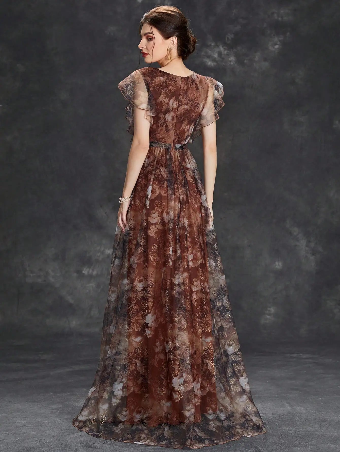 Selene | Floral Print Tulle V Neck Ruffle Sleeve Maxi Dress