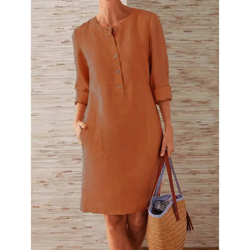 Maelis | Linen Button Front Long Sleeve Pocket Mini Dress