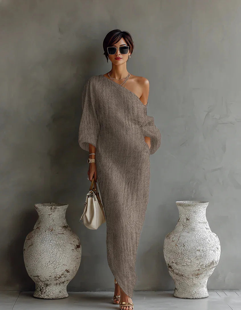 Daisy | Elegant One Shoulder Draped Linen Maxi Dress