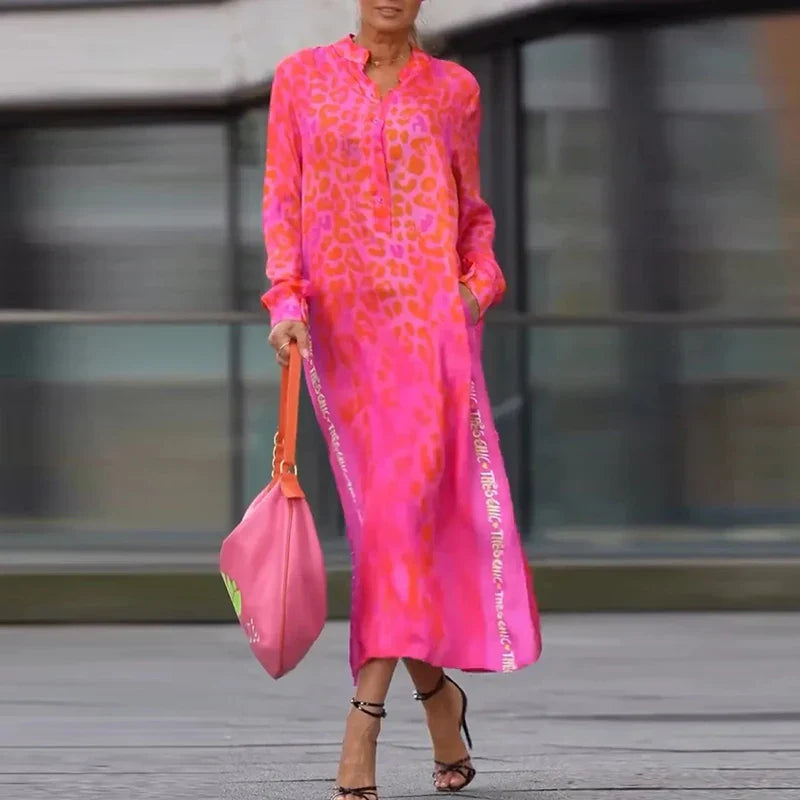 Zahara | Leopard Print Long Sleeve Button-Down Shirt Maxi Dress
